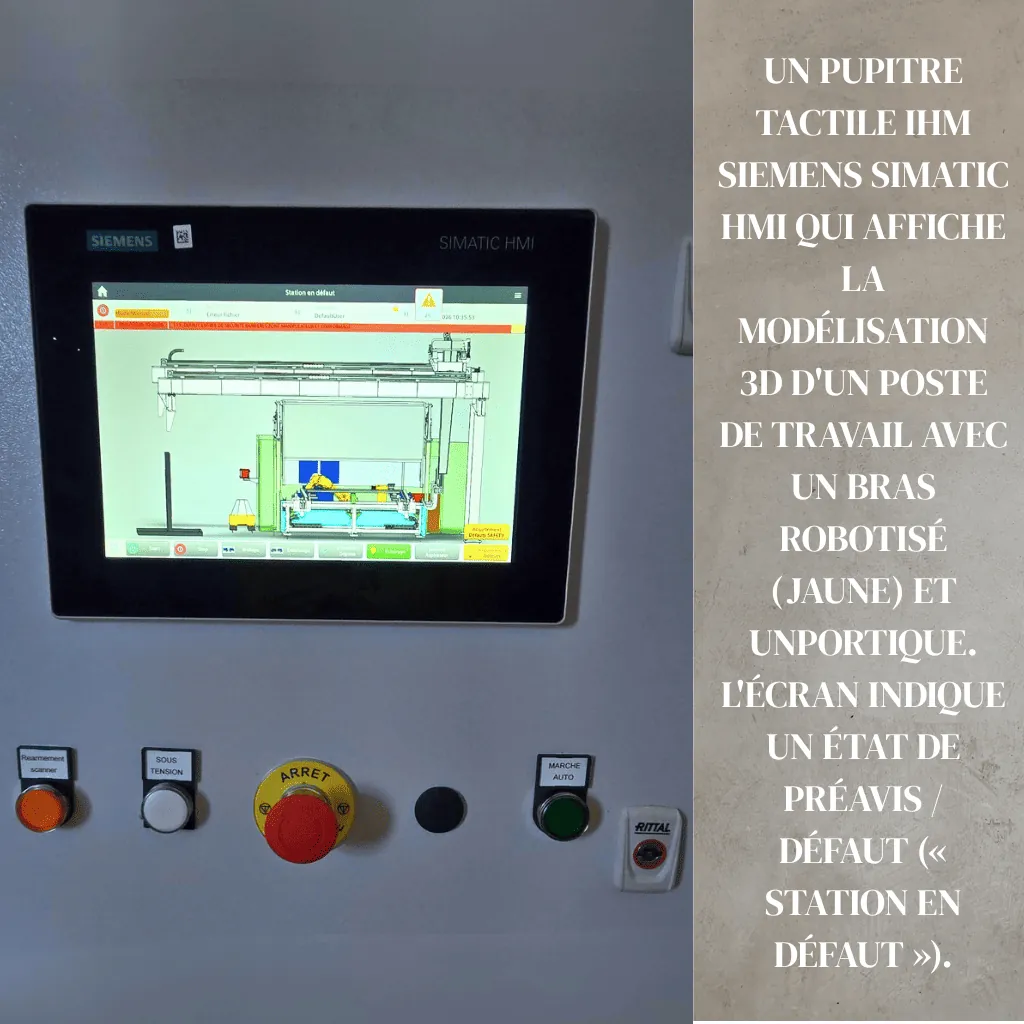 Pupitre tactile IHM Siemens SIMATIC HMI affichant la modélisation 3D d'un poste de travail avec boutons de commande